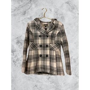 Braetan Womens Plaid Hooded Pea Coat Black Cream Double Breasted Jacket Small